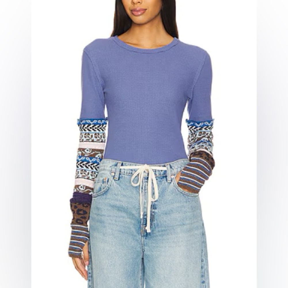 Free People Blue Waffle Knit Long Sleeve Top with Patterned Sleeves - Picture 3 of 8